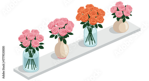 Isometric floral arrangement of pink and orange roses in vases on a shelf