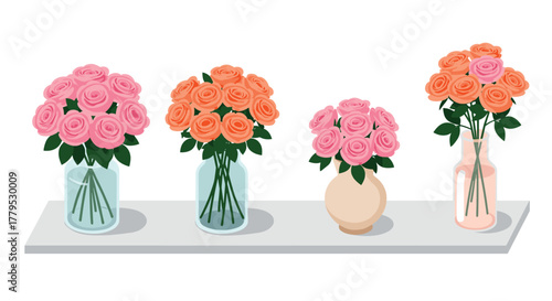 Elegant floral arrangement with colorful roses in glass and ceramic vases