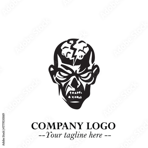 Head of Zombie Logo Symbol in Black on the White Background with Horror Minimal Vector Design