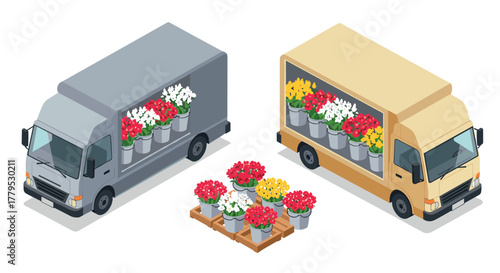 Isometric delivery trucks transporting colorful flowers in buckets