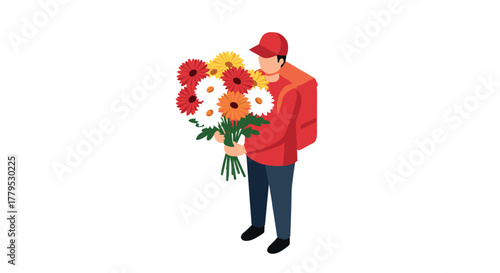 Isometric flower delivery man with bouquet and backpack in red uniform