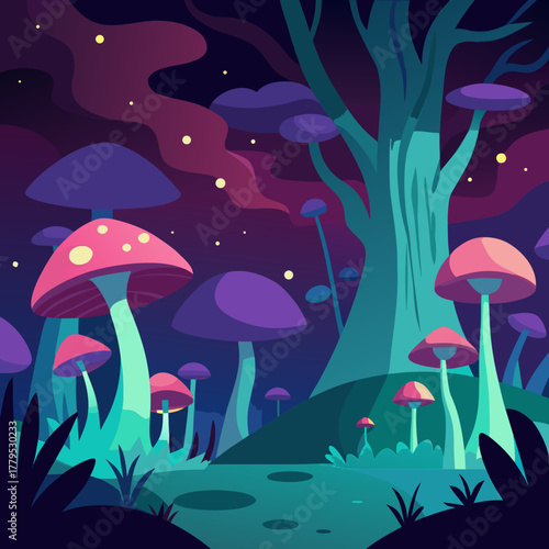 Enchanting mushroom forest at twilight with a mystical silhouette