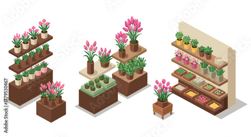 Isometric flower shop displays with vibrant potted plants and shelving arrangements