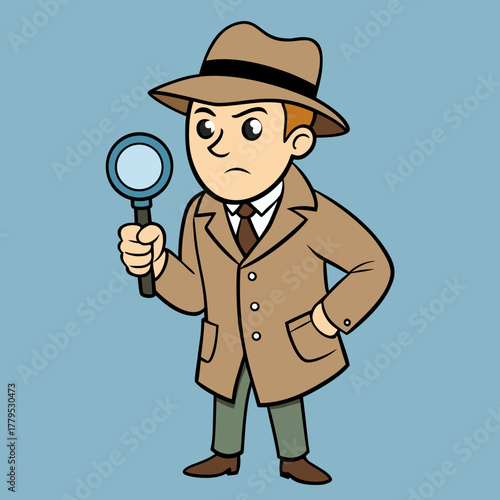 Cartoon detective with magnifying glass investigating a mystery silhouette