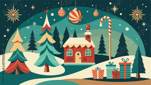 Festive winter village scene with Christmas tree and decorated house, Idyllic holiday illustration capturing the spirit of Christmas.