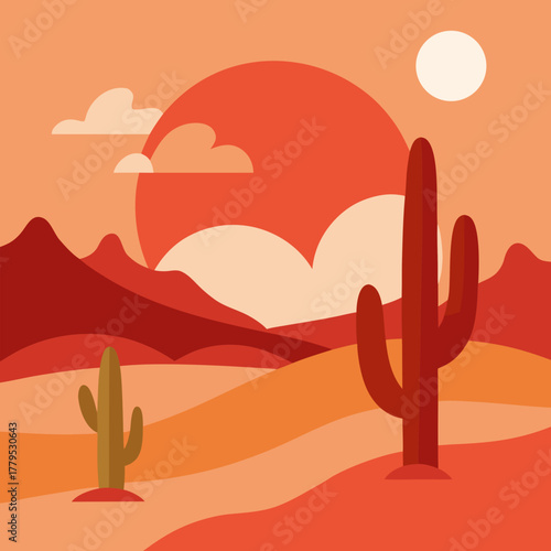 Vibrant desert landscape with cacti and setting sun silhouette
