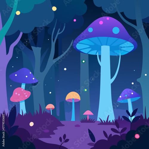 Enchanted forest with glowing mushrooms and trees silhouette