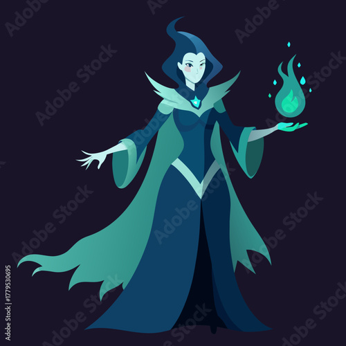 Mysterious sorceress conjures ethereal blue flame with magical powers silhouette