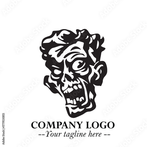 Head of Zombie Logo Symbol in Black on the White Background with Horror Minimal Vector Design