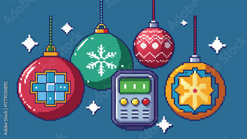 Pixel Art Christmas Ornaments with Electronic Gadget, Retro tech meets traditional festive cheer, a nostalgic digital holiday scene.