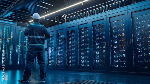 Technician in protective gear looks at server racks in a data center, blue lighting