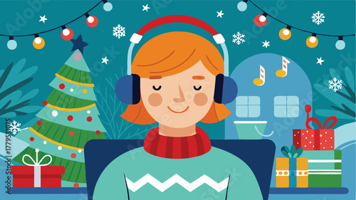 Woman with headphones listening to music in a cozy Christmas setting, Enjoying festive melodies and holiday cheer with a relaxed winter vibe