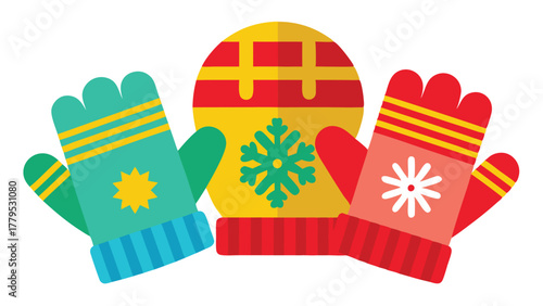 Colorful winter hat and mittens with snowflake and star patterns, cozy cold weather apparel, Festive seasonal accessories for warmth and holiday cheer, flat design winter illustration