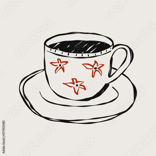 Cup of coffee doodle. Hand drawn cappuccino mug with stars, simple cafe menu design abstract element, hot beverage coffee shop concept. Vector illustration