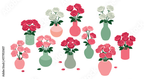 Elegant collection of colorful roses in modern vases on white background