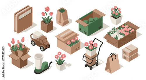 Isometric gardening essentials with flower boxes, pots, and tools