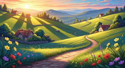 Foto auf Acrylglas Gelb Idyllic countryside landscape at sunrise with rolling hills and blooming wildflowers  © Repa