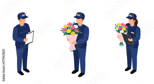 Isometric delivery workers with bouquets and clipboards on white background