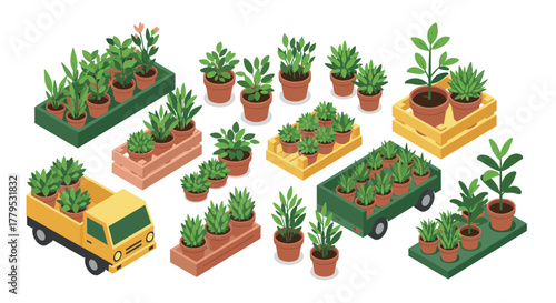Isometric potted plants collection on trucks and pallets for urban gardens