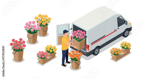 Isometric flower delivery service with person unloading bouquet from van