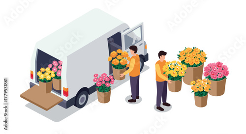 Delivery service with florists unloading colorful bouquets from vehicle