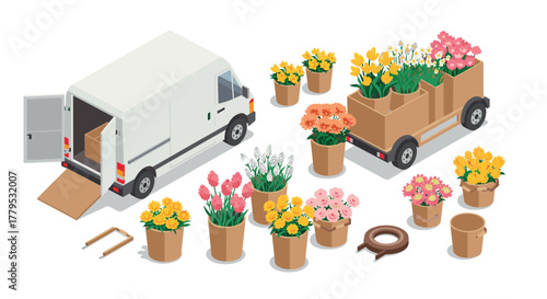 Delivery van with flower pots and trailer in isometric design
