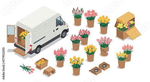 Flower delivery van with assorted potted plants in isometric design