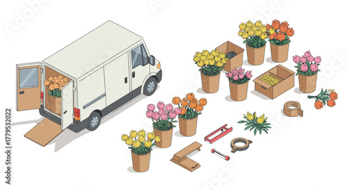 Floral delivery preparation concept with flowers, boxes, and tools in isometric style