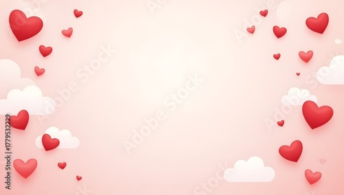 Pastel Valentine’s Background with Red Hearts and Clouds. Perfect for greeting cards, posters, or social media with space for custom text.