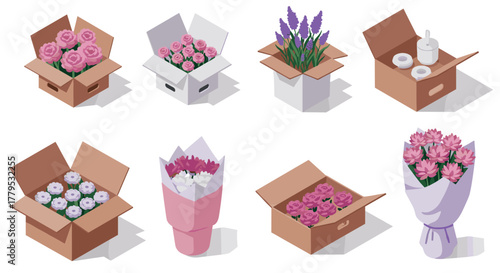 Isometric floral arrangements giftwrapped blooms in boxes and bouquets
