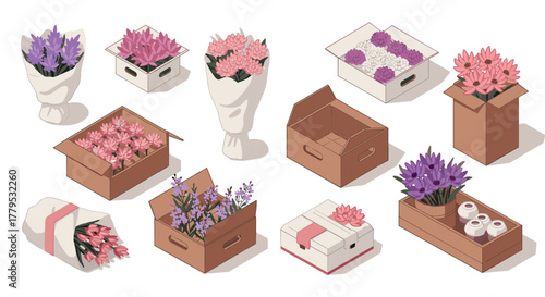 Beautiful floral arrangements in cardboard boxes and gift wraps in isometric design