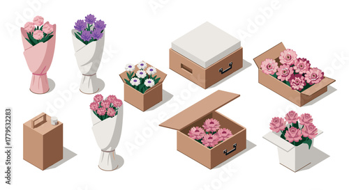 Beautiful isometric flower arrangements in boxes and bouquets