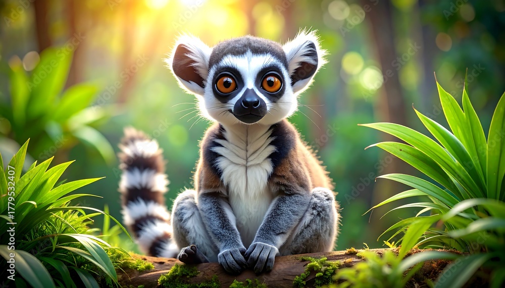 Naklejka premium Adorable Ring-Tailed Lemur Portrait in Lush Jungle Setting.