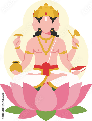 vector Illustration of Hindu God Brahma with Three Faces