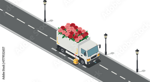 Isometric flower delivery truck on urban street