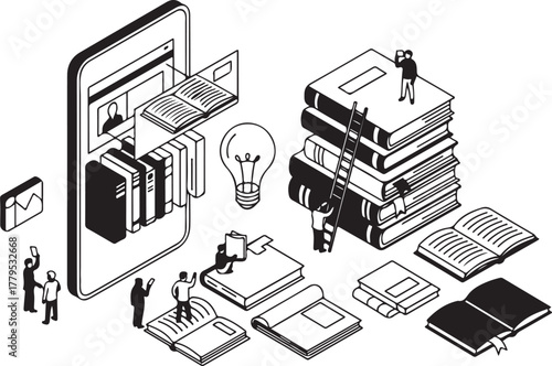 Online education and digital library conceptual black and white illustration