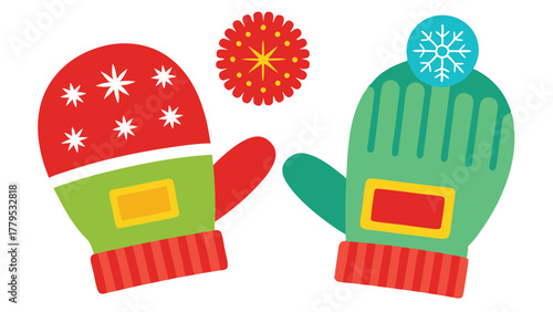 Colorful winter hat and mittens with snowflake and star patterns, cozy cold weather apparel, Festive seasonal accessories for warmth and holiday cheer, flat design winter illustration
