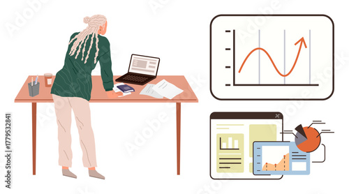 Professional reviewing analytics on laptop alongside charts and notes. Ideal for business, productivity, teamwork, planning, market analysis, goal setting, decision-making. Modern flat metaphor