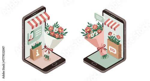Isometric online shopping concept with flower delivery via smartphones