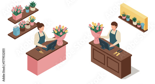 Florist shop interior with people and flowers in isometric style