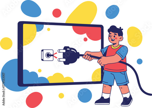 Boy Connecting Power Plug to Device Screen