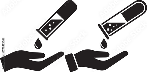 Two black silhouette test tubes pouring liquid into open hands silhouette