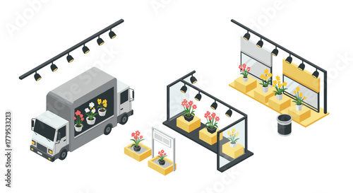 Isometric flower shop logistics delivery truck, indoor display, and arrangement