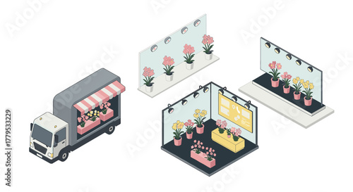 Isometric flower delivery truck with modern displays