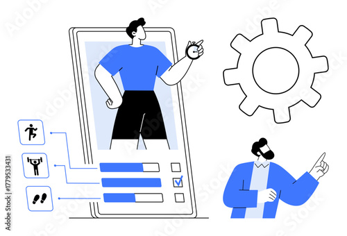 Mobile screen showing fitness app with activity tracking, user stats, and settings gear. Ideal for fitness, wellness, app design, self-improvement, technology, user interaction digital lifestyle