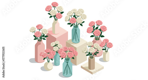 Charming isometric rose arrangements with soft pink and white blooms in vases