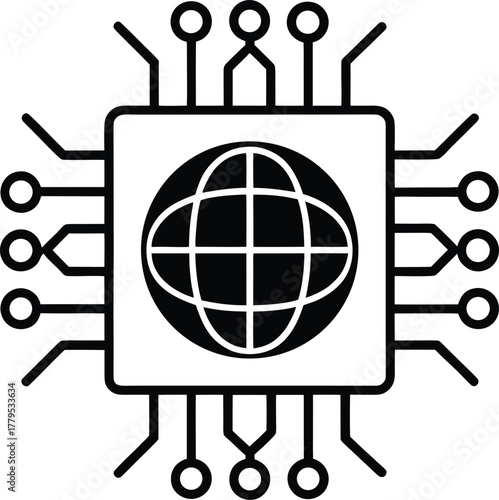 Global internet processor chip icon for worldwide digital technology solution