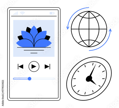 Smartphone screen displaying meditation app, globe with arrows for connectivity, clock for time awareness. Ideal for mindfulness, relaxation, networking, productivity, balance, focus simple flat