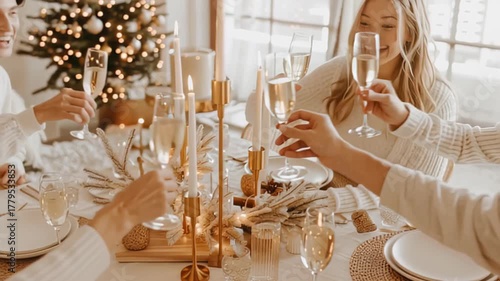 Elegant Christmas brunch celebration with candles and champagne