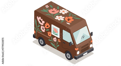 Floral decorated van in isometric design with colorful spring flowers